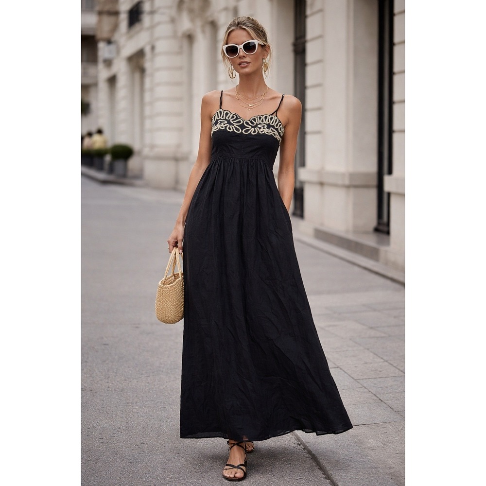 A New Day Dress Womens XS Black Linen Maxi Sweetheart Sundress Embroidered